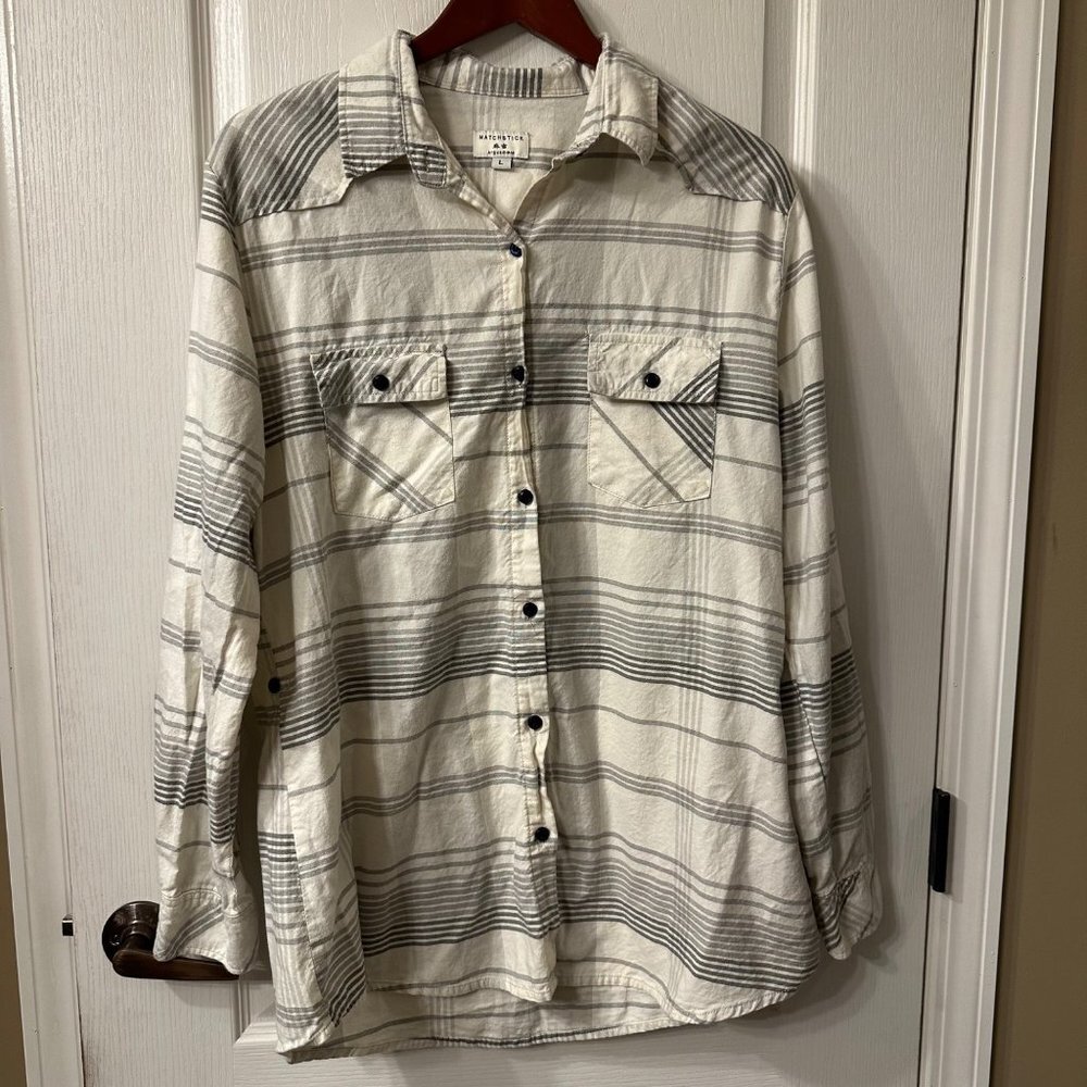 Matchstick | Argus White Plaid Flannel LS Button Up Roll Tab Hem Shirt Womens L